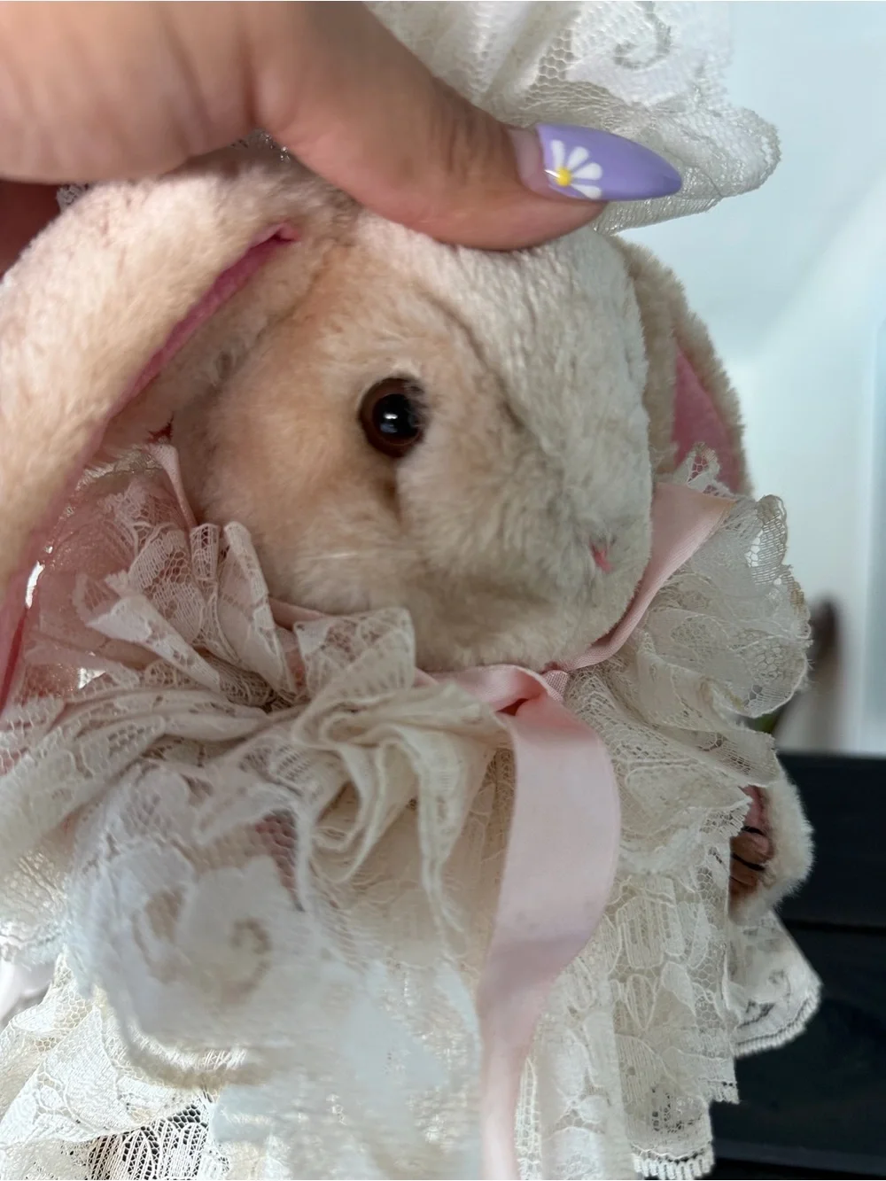 Vintage Plush Bunny in Ivory Lace Dress & Pink Rag Doll Pair - Soft Kids Toys